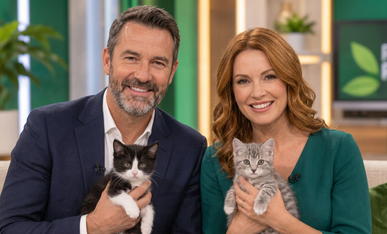 Studio televisivo con due gattini durante una diretta